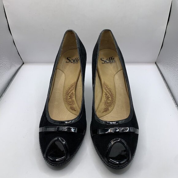 Sofft 1015421 Women Black Peep Toe Bow Suede Leather Heel Shoe Size 8.5 - Picture 2 of 8